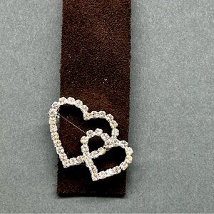 299. Bookmark Handcrafted Brown Suede Vintage Rhinestone Heart Brooch.